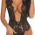 Woman wearing a sexy black lace bodysuit with a deep v neckline and intricate floral patterns.