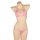 Pink ice silk sheer bikini bra and panty lingerie set on mannequin, featuring delicate lace detailing for a sexy bondage-insp...