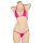 Pink ice silk sheer bikini bra and panty set on mannequin – sexy lace bondage lingerie for women.