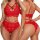 Red lace bra and panty set with crisscross straps, sexy three-point lingerie for women, plus size intimate sleepwear.
