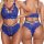 Sexy blue lace bra and panty set with strappy design, plus size erotic lingerie for women.