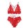 Red lace bra and panty set with scalloped edges, strappy back design, and intricate floral patterns for women’s intimate appa...