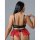 Woman wearing red lace bra and panty set with sheer mesh, underwire support, flirty lingerie outfit.