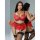 Woman modeling red lace bra and panty set with underwire, sheer mesh lingerie outfit, seductive flirty style.