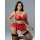Woman modeling red lace bra and panty set with underwire, sheer mesh lingerie outfit, seductive and flirty design.