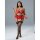 Woman modeling red lace bra and panty set with black mesh stockings, featuring underwire support and flirty design.