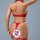 Woman modeling red lace bralette and thong set, featuring hook-and-loop halter design.