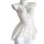 White lace cami nightgown with sheer mesh, floral trim, and corset-style bodice on mannequin.