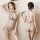 Sheer lace cheongsam bodysuit with backless cutout and embroidered open-crotch design, shown front and back.