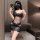 Woman wearing black lace embroidered bodycon nightgown set, posing in mirror selfie. seductive sleepwear by qqny.