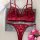 Red lace lingerie set with bra and thong, featuring embroidery and satin finish for elegant seduction.