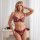 Woman modeling a sexy lace floral embroidery lingerie set, featuring a sheer bra and panty in deep red with delicate floral d...