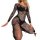 Sexy black lace hollow-out bodycon mini skirt set with backless banded bra, sheer long sleeves, and floral pattern lingerie o...