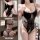 Sexy black lace bodysuit with leopard print panels, underwire push-up cups, and open-crotch design for women.