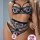 Sexy black floral lace lingerie set with push-up bra and open-crotch panties.