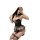 Woman posing in black lace lingerie set with plaid skirt, fishnets, and bow tie—halter neck, removable cups, sheer seductive ...