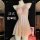 Sheer pink lace lingerie sleep dress on mannequin, featuring delicate embroidery and open-crotch design for women.