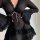 Sexy black lace lingerie set with v-neck bell sleeves, mesh bra and panty featuring picot trim and pink ribbon ties.
