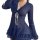 Sexy navy lace lingerie set with v-neck, bell sleeves, mesh fabric, and picot trim—bra and panty ensemble for women.
