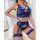 Woman wearing blue lace lingerie set with sheer bra, matching panties, and garter straps.