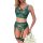 Woman wearing a sexy green lace lingerie set with sheer bra, panty, and garter straps.