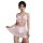 Woman modeling pink and white lace maid costume with sheer mesh skirt, contrast trim, and bow details.