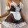 Woman wearing a sexy lace maid costume with sheer mesh, white apron, and ruffled details for seductive role play.