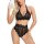Sexy black lace lingerie set with scalloped edges, featuring a halter bra and high-waist panties.