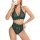 Woman modeling a sexy green lace lingerie set with matching bra and high-waist panties.