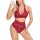 Woman modeling a red lace lingerie set featuring a halter bra and high-waist briefs.