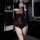 Woman in bathroom mirror selfie wearing sexy lace mesh lingerie set - plus size sheer see-through bodysuit with cut-out detai...
