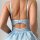 Back view of light blue lace push-up bra set with delicate straps and romantic cutout design for women.