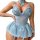 Woman wearing light blue lace and mesh push-up bra set with ruffled skirt, bow choker, and garter straps – romantic lingerie.
