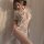 Sheer lace mesh sleep dress with floral embroidery, high slit, and kimono-style design for a seductive nightgown look.