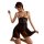 Woman wearing black lace mesh sleepwear set with sheer nightgown and matching bralette, posing seductively.