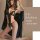 Woman wearing black lace open-crotch bodysuit with matching robe, seductive lingerie set for sleepwear or roleplay.