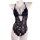 Sexy black lace bodysuit with open crotch, sheer floral design for women’s seductive sleepwear or costume outfit.