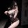 Woman wearing black lace open-crotch lingerie set, sheer plus size sleepwear outfit for small bust, posing in mirror selfie.