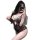 Woman in black lace open-crotch lingerie set, sheer sleepwear for small bust and plus size, posing with phone.