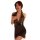 Woman modeling black lace see-through lingerie set with leather accents, styled as an office secretary costume for role play ...