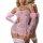 Woman modeling pink lace see-through lingerie set with embroidered details and matching garter stockings.
