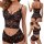 Woman modeling black lace camisole and thong lingerie set with adjustable wrap bra, sheer floral design.