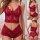 Woman modeling red lace camisole and thong lingerie set with adjustable wrap bra, sheer floral design.