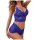 Woman wearing a blue lace camisole and thong lingerie set with adjustable wrap bra, featuring sheer floral patterns and bow d...