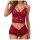 Woman wearing red lace camisole set with adjustable wrap bra and thong lingerie, showcasing style design.