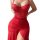 Woman wearing red lace bodysuit and sheer pencil skirt from sexy lace sheer lounge set – -style mesh home outfit.