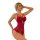 Woman modeling red lace sheer open-crotch bodysuit, erotic lingerie with floral details and strappy neckline.