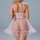 Back view of woman in pink lace sheer nightgown with ruffled hem and thin straps, part of a sexy mesh lingerie sleep set.