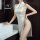 Sexy lace side-cutout cheongsam sleepwear set with vintage floral design, elegant and provocative lingerie for women.