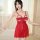 Woman wearing red lace sleep dress with bow detail and open-crotch design, cute attractive nightwear for women.